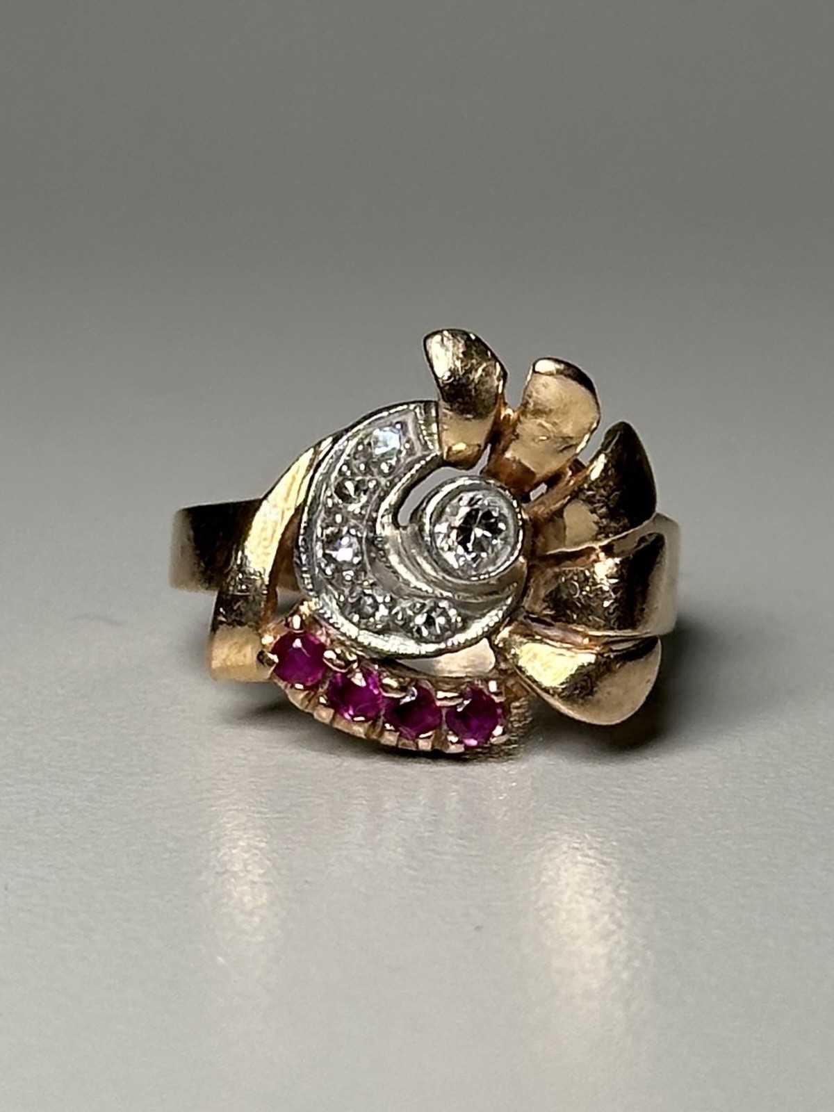 Vintage Solid 14K Rose Gold Ring & Ruby & Approx … - image 1