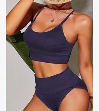 Women's 2 Piece High Waisted Bikini Set Swimsuit navy blue striped size Large