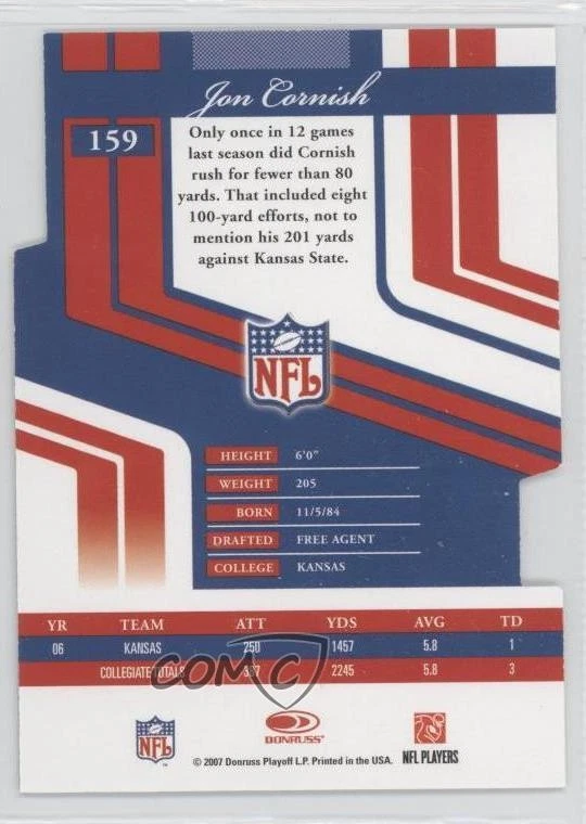 2007 Donruss Elite Rookie Aspirations Die-Cut /71 Jon Cornish #159 Rookie RC - Image 2 of 2
