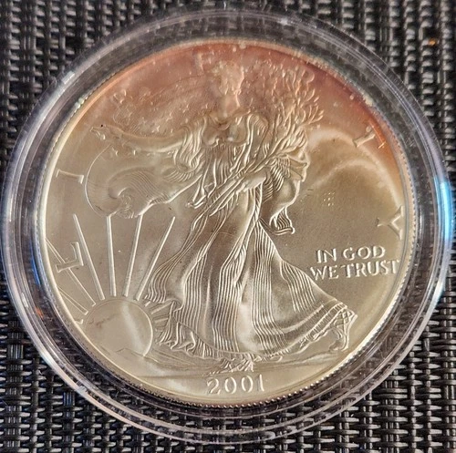 2001 American Silver Eagle Dollar 1 Oz 999 Silver Coin Uncirculated, TONED!!!