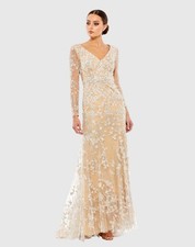 Mac Duggal Style 70239 Beige Embroidered V Neck Long Sleeve Trumpet Gown