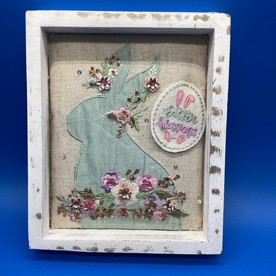 Shabby Chic Easter Bunny Shadowbox Art Embroidered Sequin Floral Spring Decor