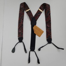 Vintage CAS Germany Suspenders Red/Brown Paisley Leather Button Braces Gold Tone