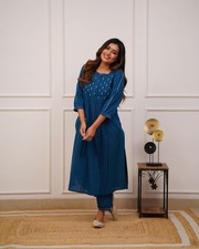 Women Elegant Teal Kurta Pant Set Minimal Ethnic Casual BoutiqueOutfit S TO 3XL