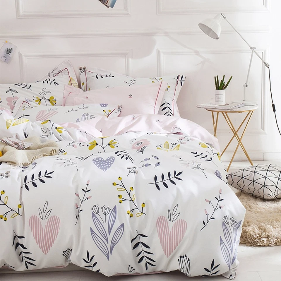 BuLuTu Floral Love Print Girls Duvet Cover Twin White/Pink Cotton Premium Blo... - Image 2 of 4