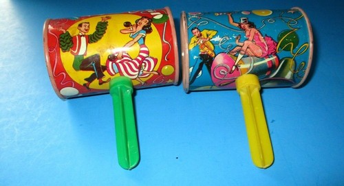 2 Vintage US Metal Toy MFG News Year Eve Noise Makers Risque Sexy Woman (Set 1)