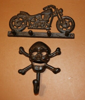 2) Classic Vintage-look Motorcycle Skull Crossbones Decor, Cast Iron Wall Hooks