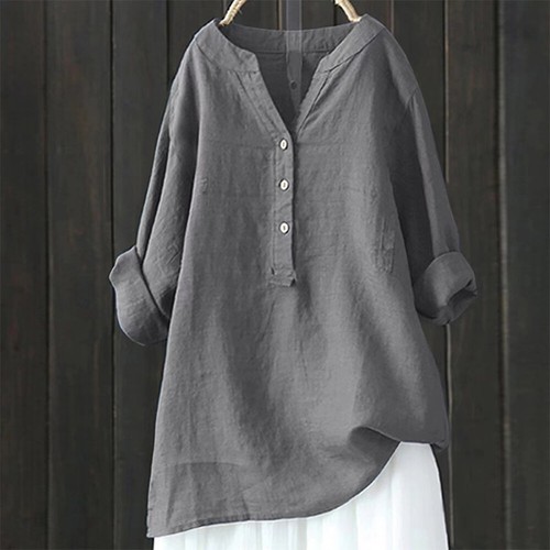 Plus Size Womens Long Sleeve Button V Neck Tunic Tops Casual Blouse Shirt Dress - Picture 9 of 32