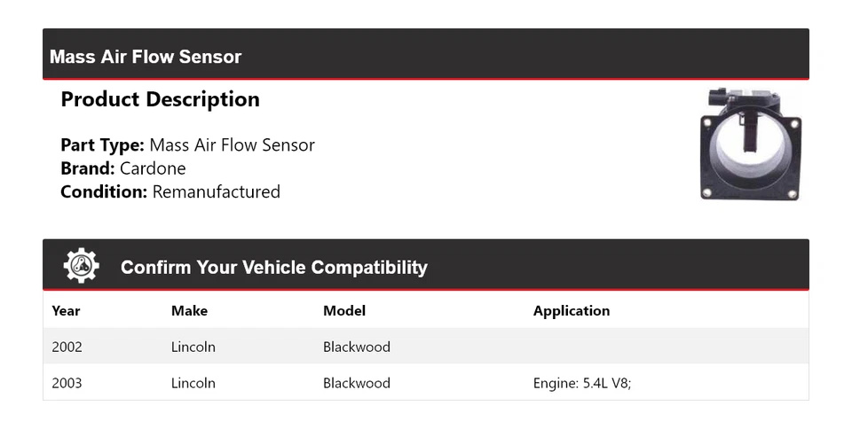 适用于 2002 - 2003 年林肯 Blackwood 大众气流传感器 Cardone — 第 2/4 张图片
