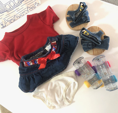 Build A Bear Girl Jean Outfit Red White Blue With Shoes and Skates