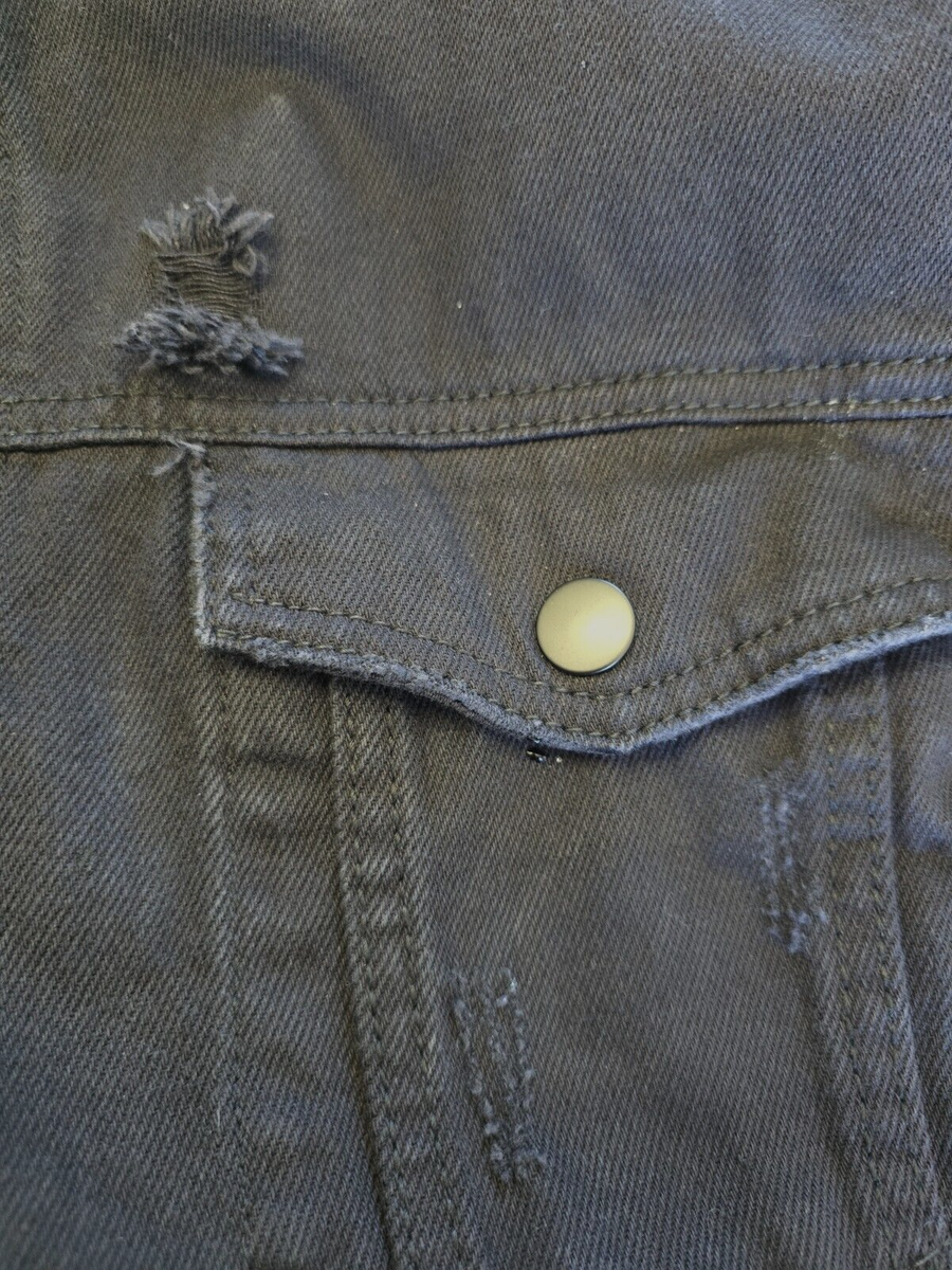 FOREVER 21 Denim Jean Jacket Men L Black Snaps Trucker Distressed