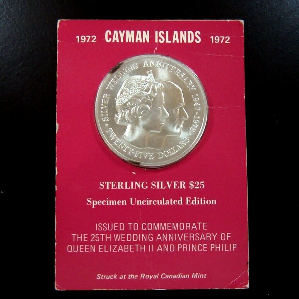 1972 Cayman Islands $25 Sterling Silver Coin - Elizabeth II 25th