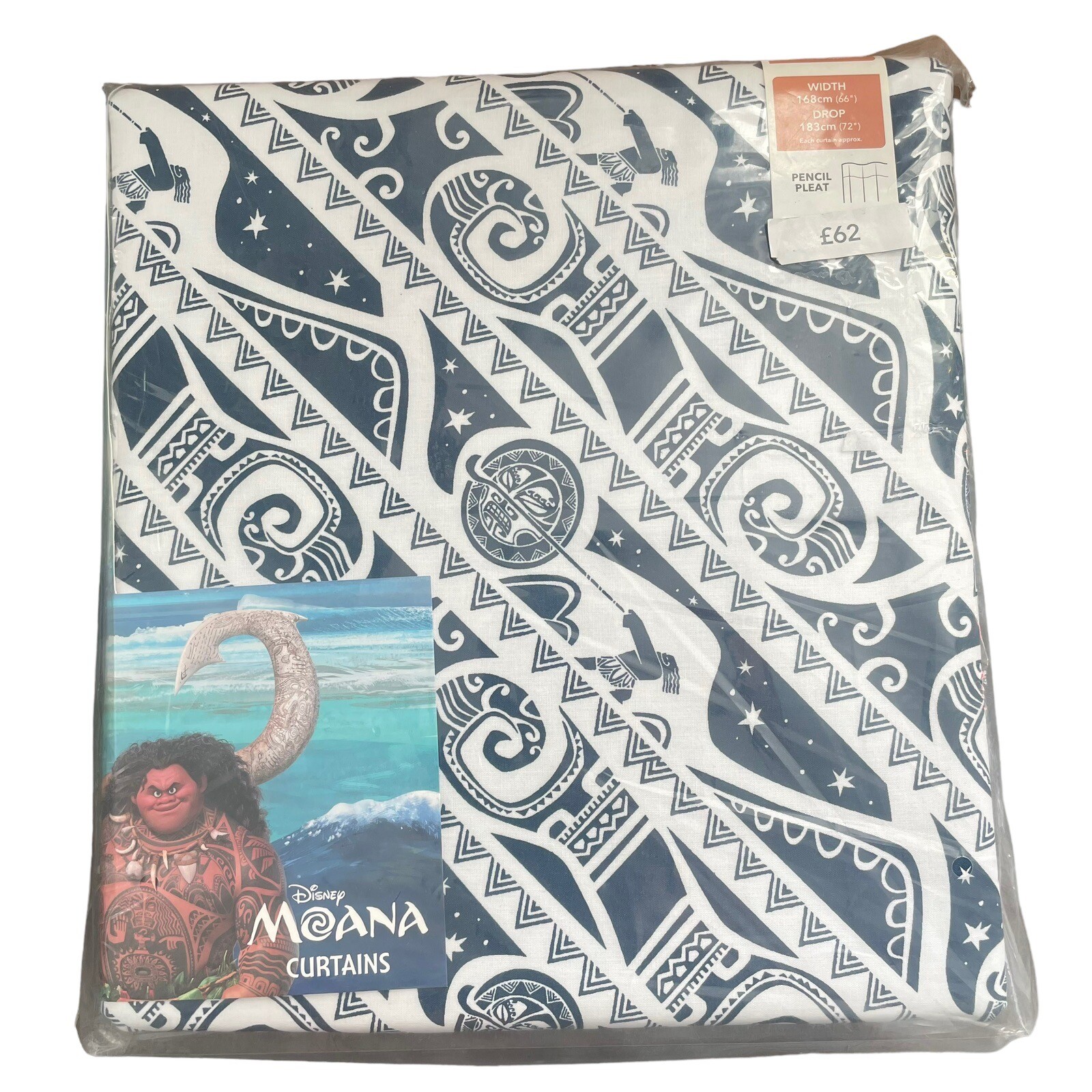 Disney Moana Pencil Pleat Curtain Blackout 168cm(66”) X183cm(72”) With Tiebacks
