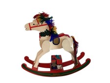 Vintage White Wooden Rocking Horse Rainbow Mane And Tail Christmas Decor 9x10