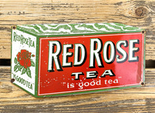 Vintage 12x6.5 Red Rose Tea Porcelain Service Pump Station Gasoline Ad Oil Sign