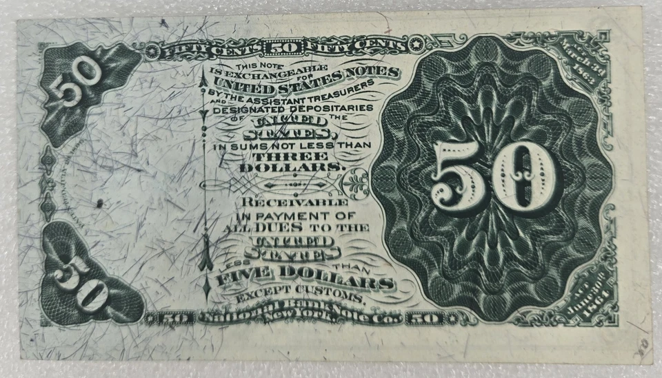 50 Cent US Fractional Currency, 4th. Series 1863 Fr. 1379 AU Gem Green Seal 26 - Image 4 of 4