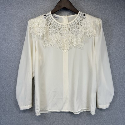San Andre 1993 Womens Vintage Blouse Size 6 Lace Neck White Long Sleeve