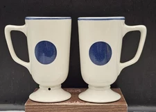 Vintage Set of 2 Homer Laughlin White Ceramic Blue Dot Pedestal Mugs
