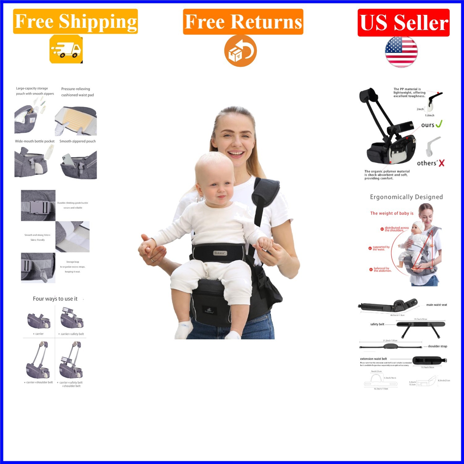 Black Baby Hip Seat Carrier for Infant & Toddler, Adjustable