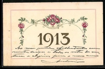 Year 1913 with Red Roses, Postcard 