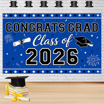 Blue Graduation Banner Class of 2026-72'' x 44'' Congrats Grad Backdrop Decoration