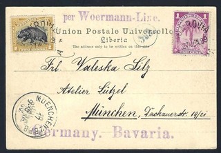 Liberia # 54 & 57 Postcard Monrovia Munich Cockrill CP.12 Dated 27 JUN 99 Hippo