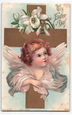 Early 1900's Easter Postcard, Child Angel/Cherub lilies, Embossed