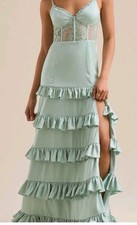 $248 NUEVO MAXI VESTIDO CORSÉ DE ENCAJE CON VOLANTES MALINDA SATINADO VERDE ESTADO ALTAR'D TALLA XL