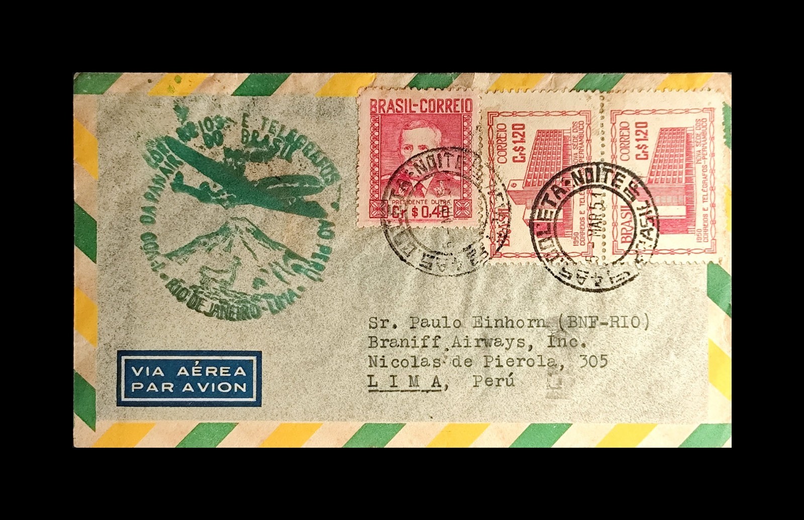 Cover Rio de Janeiro Brasil to Lima Peru 1951 Airmail Cover  CONDOR  Braniff Air
