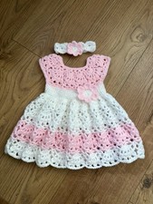 Crochet Newborn Baby Girl Lace Dress And Headband Set Pink And White