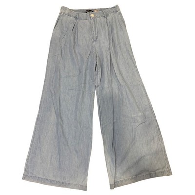 BCBGeneration Wide Leg Trouser Pants Light Wash Chambray Cotton Pleated Blue L