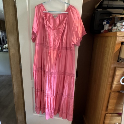 Woman Within Pink Maxi Dress Lace Tassel Pleated V-Neck Short Sleeve 28W