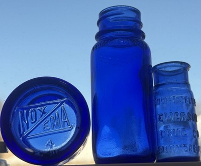 Lot Of (3) Antique Cobalt Blue Apothecary - Emerson Bromo & Noxzema FREE SHIP