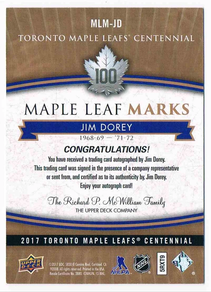 2017-18 UPPER DECK CENTENNIAL TORONTO MAPLE LEAFS MARKS AUTO JIM DOREY #MLM-JD - Image 2 of 2