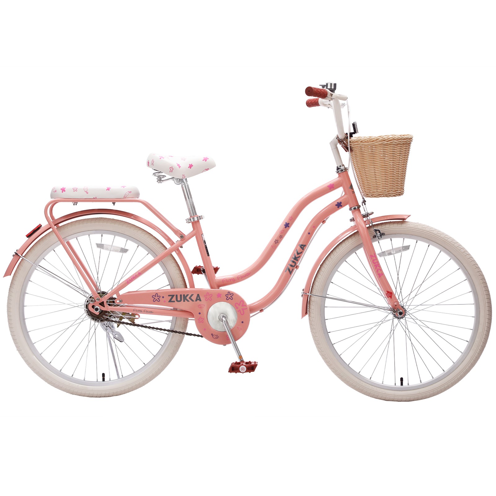 24 Inch Cruiser Bike for Girls Commuter Bicycle with Wicker Basket Peach Pink