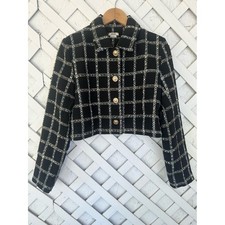 Jason Wu Tweed Cropped Jacket   Black Grid Plaid Gold Button Designer Blazer L