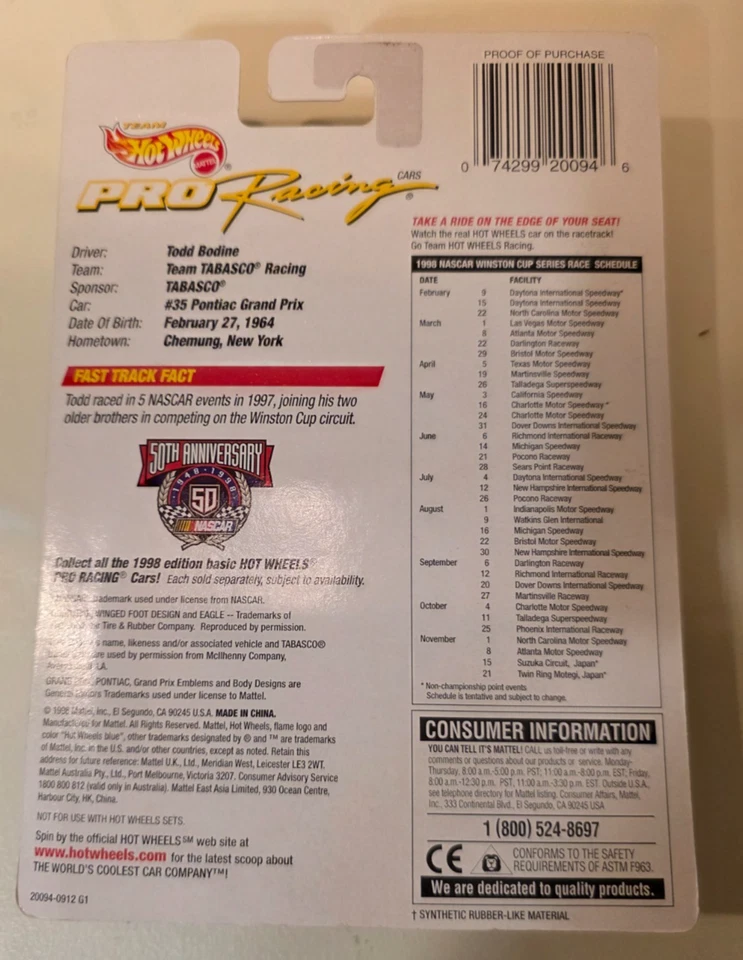 Team Hot Wheels 1998 Pro Racing Todd Bodine #35 TABASCO coche NASCAR diecast Foto 2 de 4