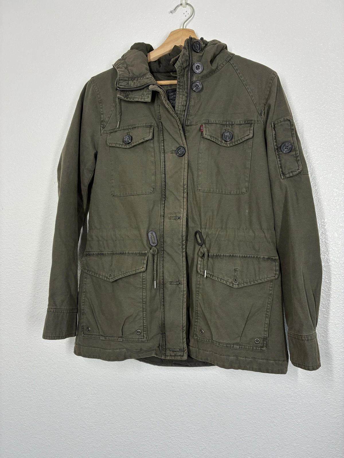 Levi's Jacket Mens Medium Green Hooded Canvas Parka Quilted Lined Pockets Winter
