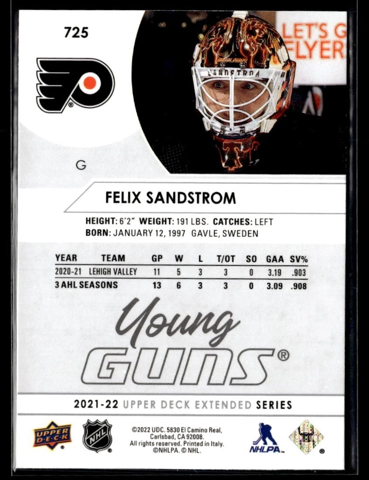 2021-22 Upper Deck Extended Series 1 Young Guns #725 Felix Sandstrom Rookie RC - Image 2 of 2