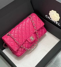 Chanel Classic Flap Shoulder Crossbody Bag Hot Pink Patent Leather QuiltedSilver