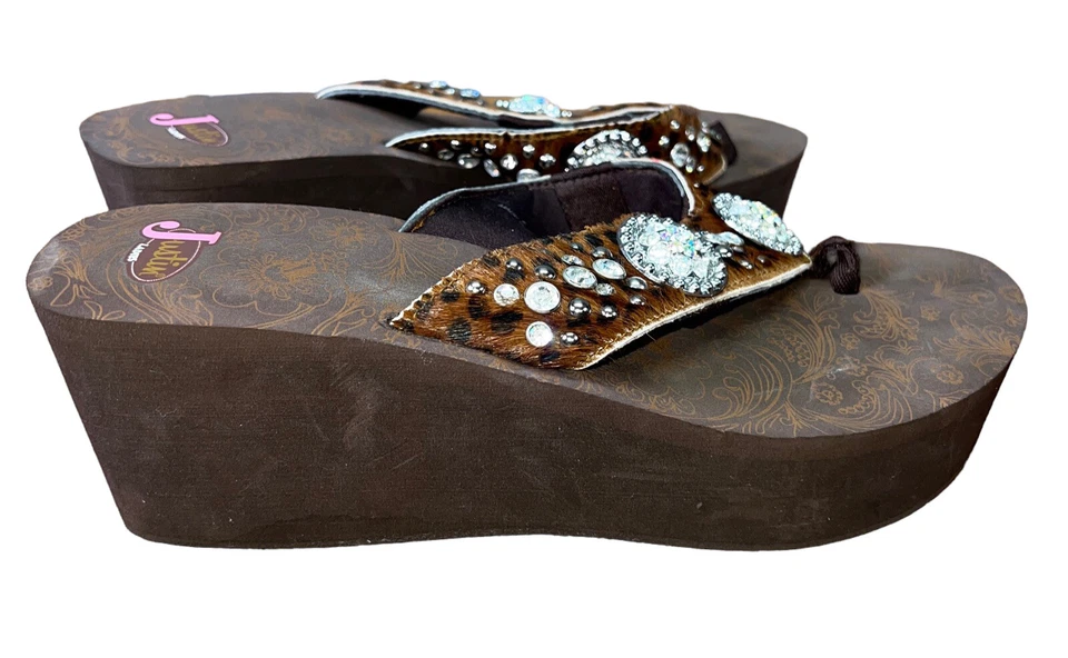 Justin Platform western Sandals CZ Conchos Calf hair wedge flipflop shoe Sz 11 - Image 2 of 4