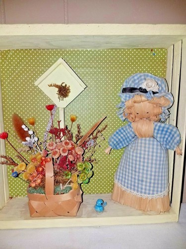 Wood Shadow Box Wall Decor Picture Cornstalk Girl With Basket of Dried Flowers