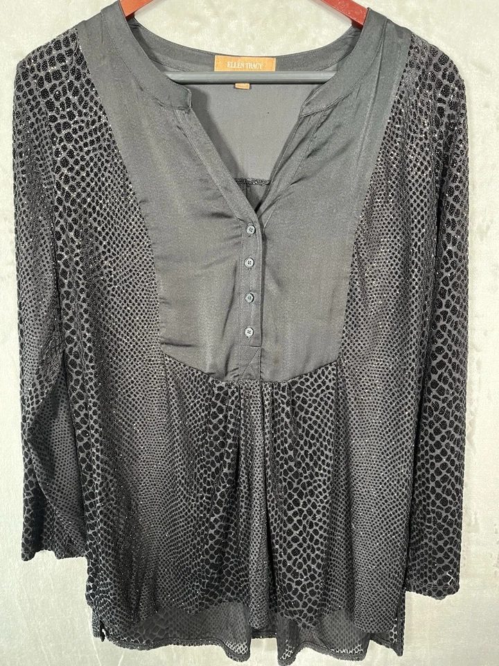 Túnica negra brillante manga larga ELLEN TRACY para mujer bruja caprichosa campesina L Foto 4 de 4