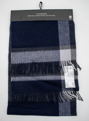M&S Autograph Merino Ultra Fine Wool Scarf Navy Mix RRP UK