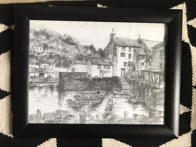ORIG. VINTAGE BLEISTIFTZEICHNUNG KORNISCHES FISCHERDORF Marine Matrosen gerahmt