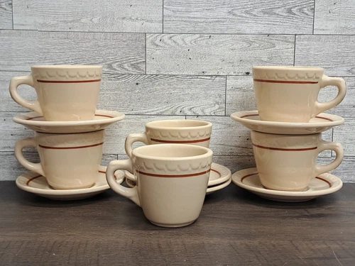 6 Syracuse China Coffee Cup Saucer Set Restaurant Diner Ware Econo Rim Red Line