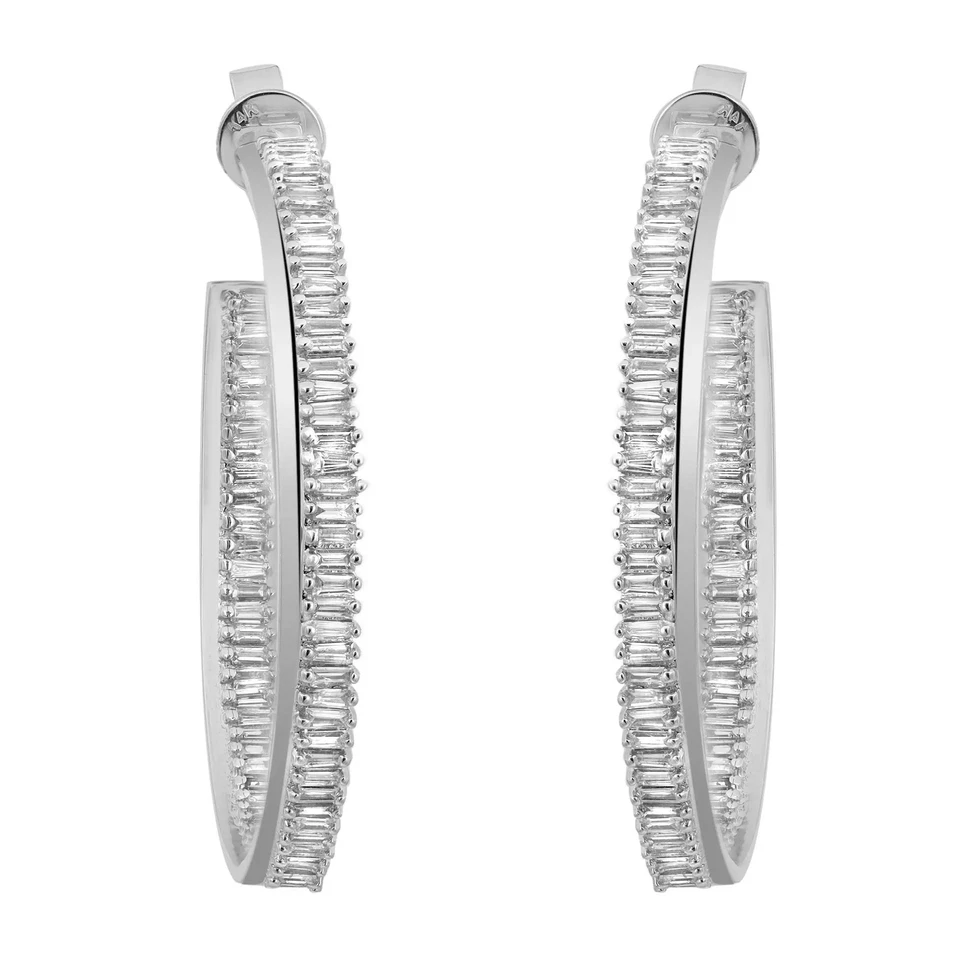 Prong Set Baguette Cut Diamond Hoop Earrings 18K White Gold 2.81Cttw