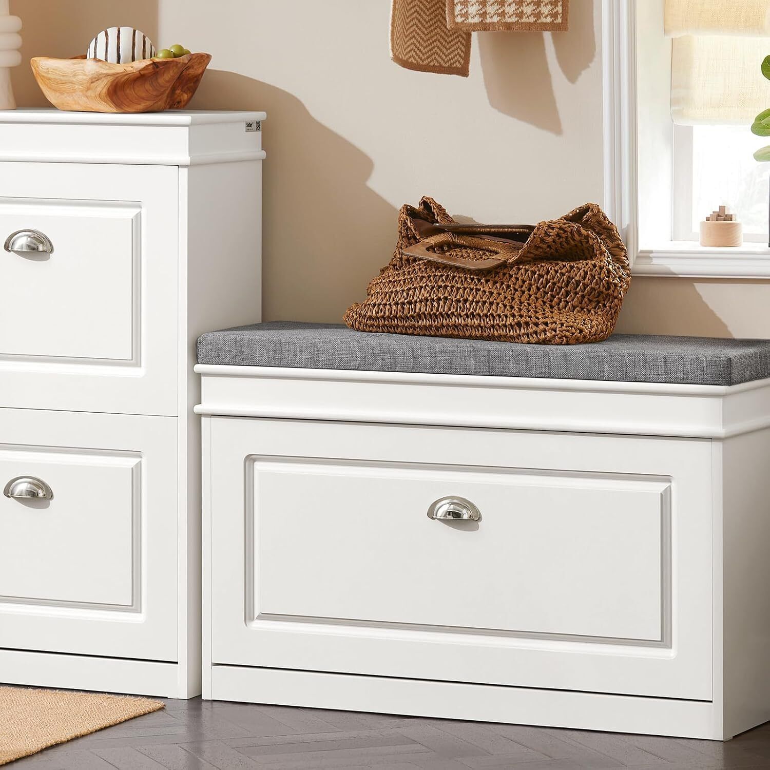 White Narrow Shoe Storage Bench with Cushion for Entryway