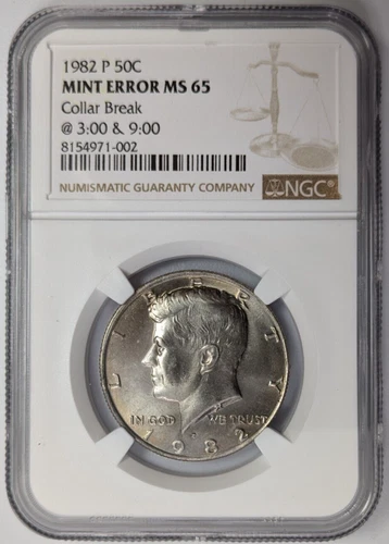 1982-P Kennedy Half Dollar NGC MS-65 Broken Collar Two Break Planchet Mint Error