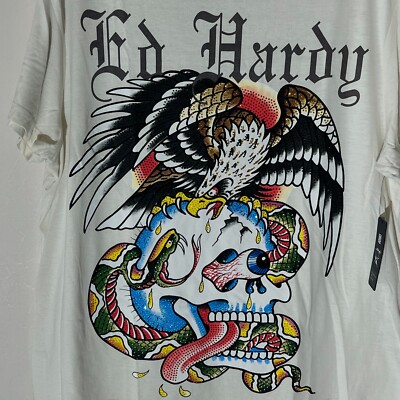 Ed Hardy Men's XL X-Large Graphic Ivory T-Shirt Rhinestone Snake Eagle Skull NWT